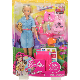 Mattel Barbie cestovní panenka (blond) s doplňky